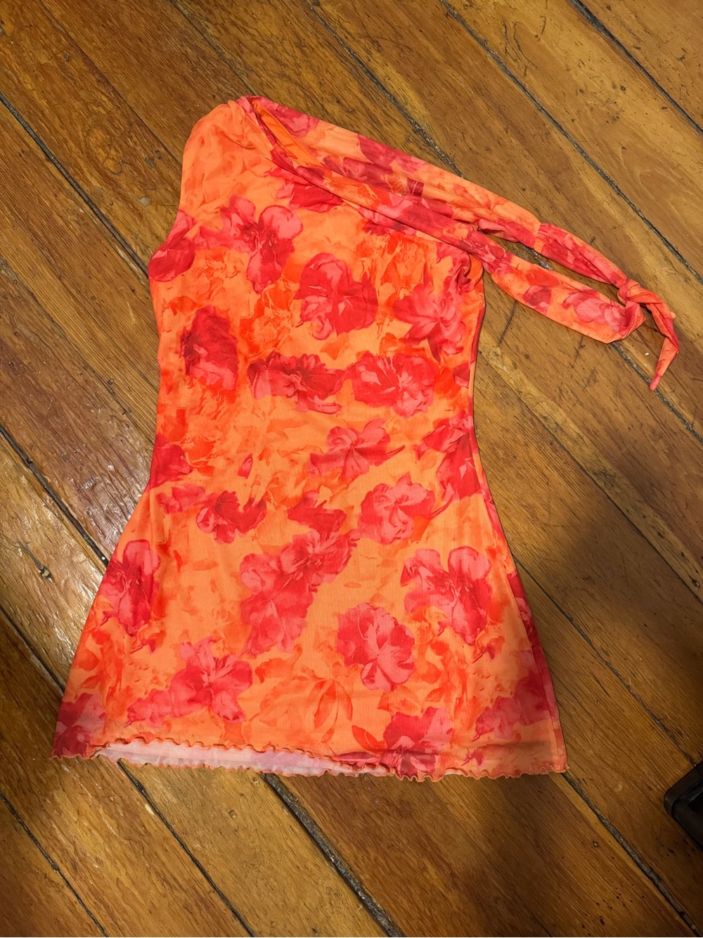 Orange & Red Floral One Shoulder Tie Mini Dress